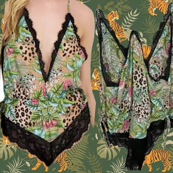 INC XXL Green Floral Jungle Chiffon Print Lace Trim Drawstring Tie Sides Teddy - Picture 1 of 5